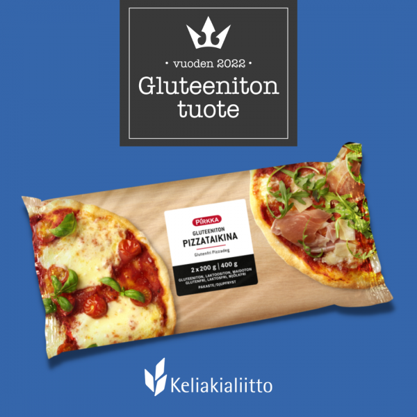Pakkauskuva Pirkka Gluteeniton pizzataikina ja kuvan päällä logo, jossa teksti "Vuoden 2022 Gluteeniton tuote".