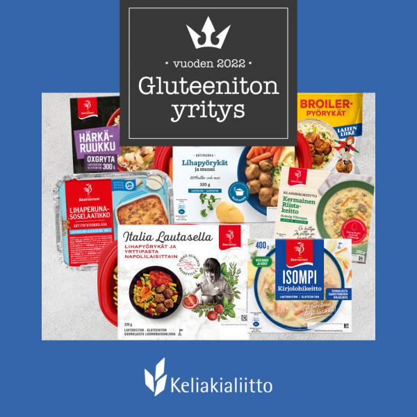 Logo, jossa teksti "Vuoden 2022 Gluteeniton yritys". Kuvassa on palkitun Saarioinen Oy:n gluteenittomia tuotteita.